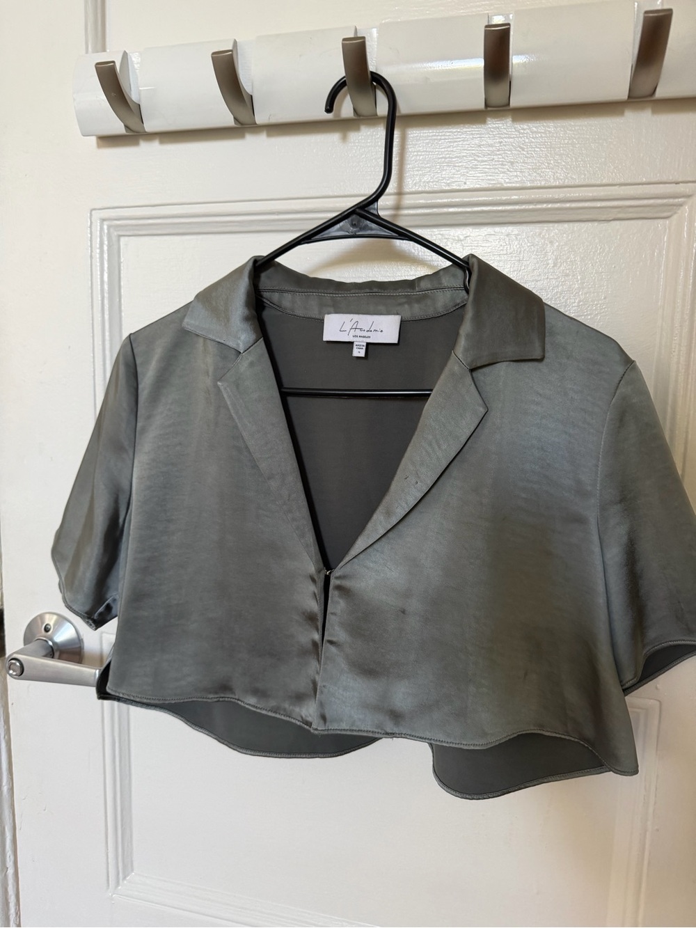 L'Academie Satin Crop Shirt Jacket in Slate Gray